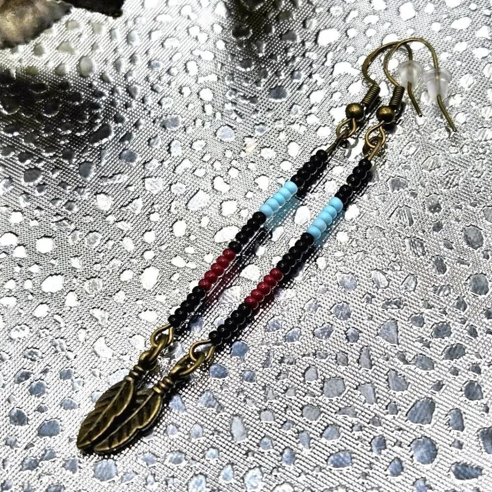 "5/$40" Artisan Southwestern Multicolor Seed Bead Stick Dangle Earrings 925 Post